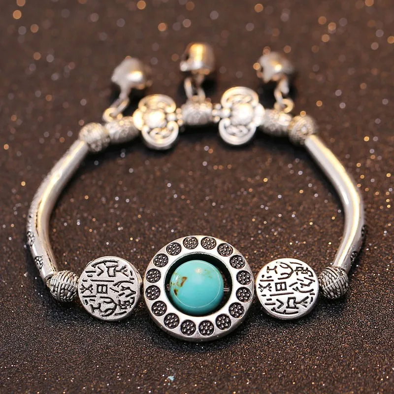 Round Stone Beads Bracelet Antique Silver Plated Metal Multi Color Turquoise Stone Charm Bracelets for Women