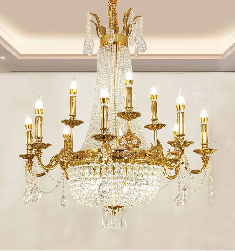 ثريا كريستال فرنسية مصنوعة بالكامل من النحاس على الطراز الأوروبي لغرفة المعيشة وغرفة الطعام