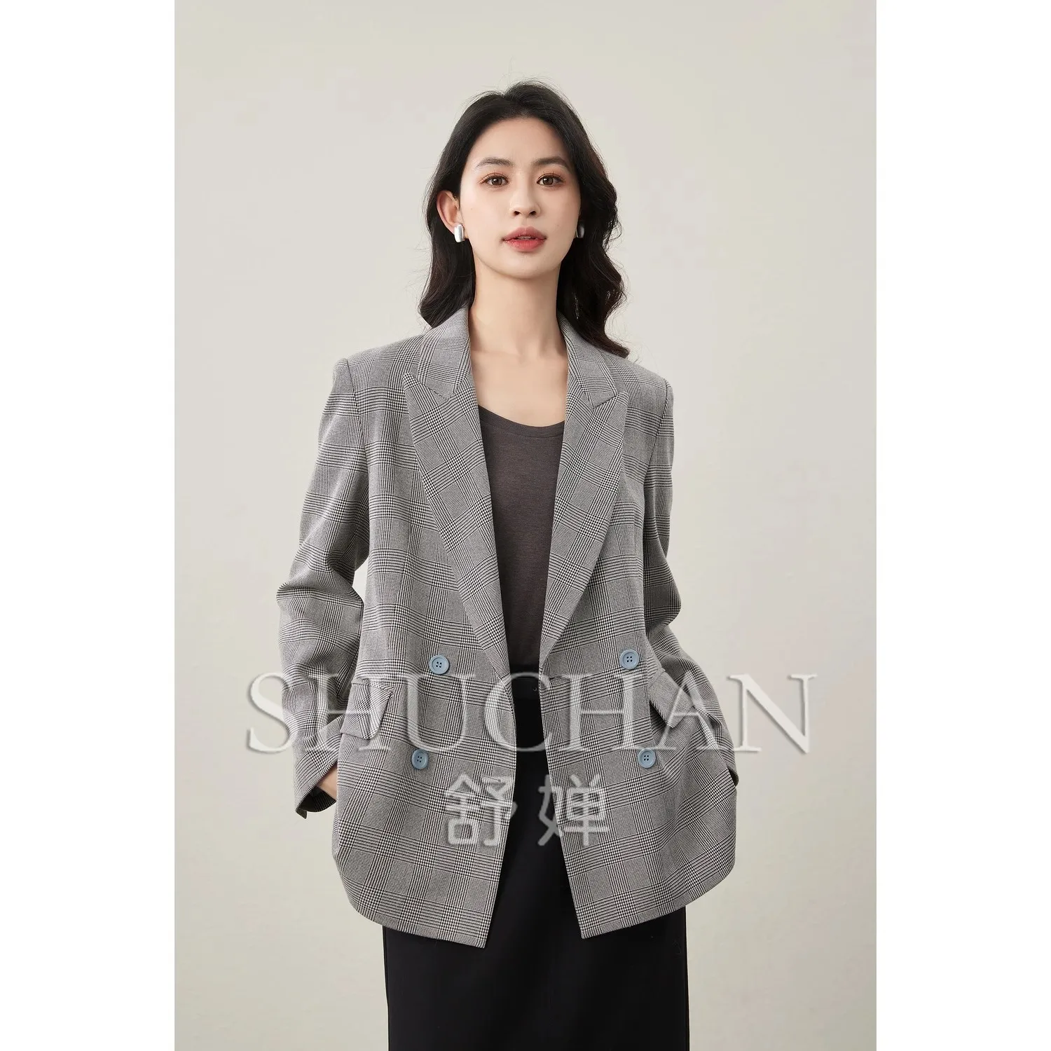 New 2025 Good Quality, Retro Resurgence, Color-dyed Black and White Double-breasted Blazer Women Jackets for Women