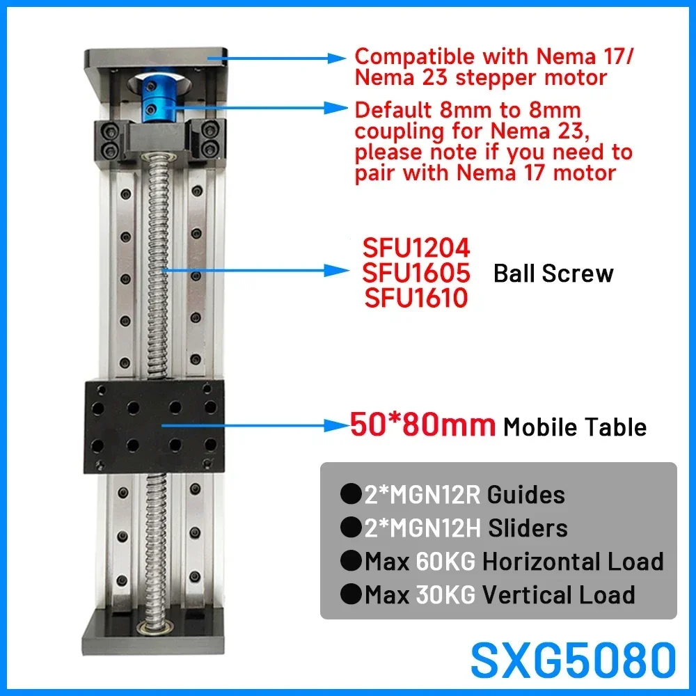 80mm Wide Linear Motor Kit CNC Sliding Ball Screw Linear Motion Table 1204/SFU1605/SFU1610 Aluminum Single Axis 80KG