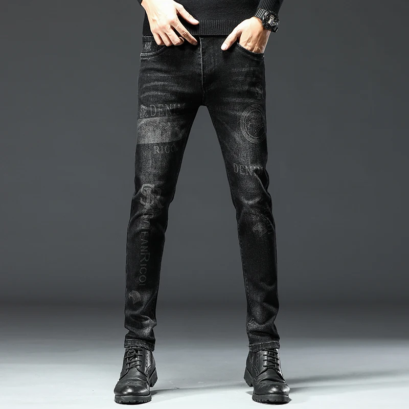 

Black Printed Elastic Slim Fit Men's Jeans Fashionable Eagle Pattern Versatile Casual Cotton Stretchy Youthful Autumn Wear