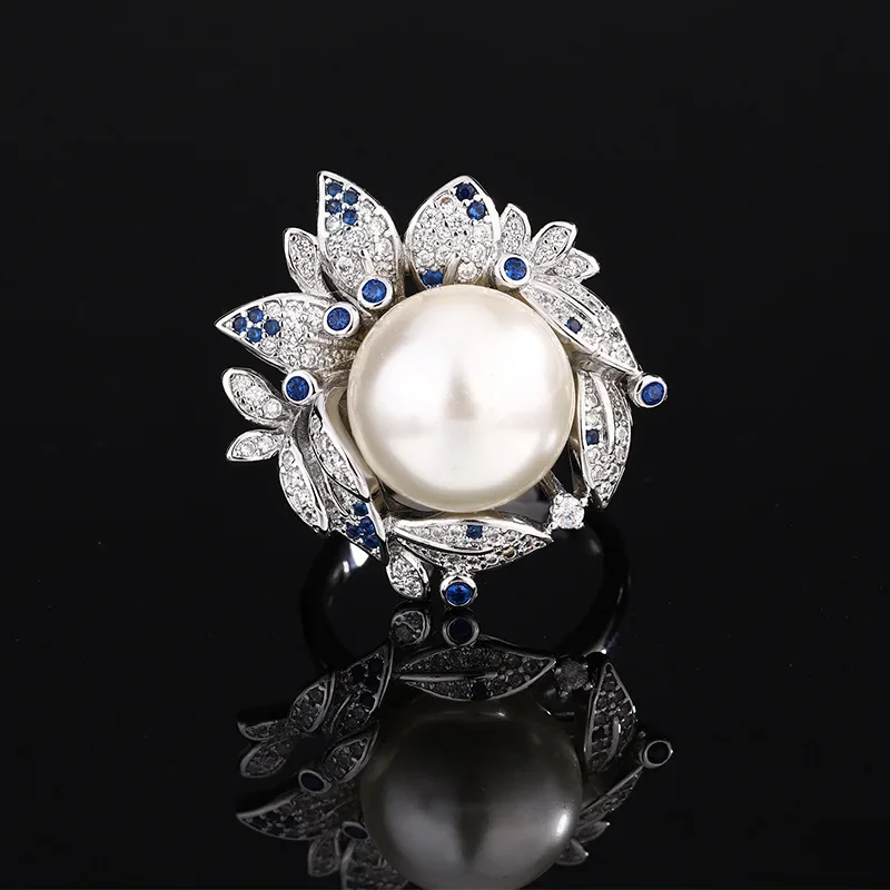 New High-end Jewelry Luxury Inlaid Copper-plated Platinum New Inlaid Pearl Flower Temperament Light Luxury Ring 14mm