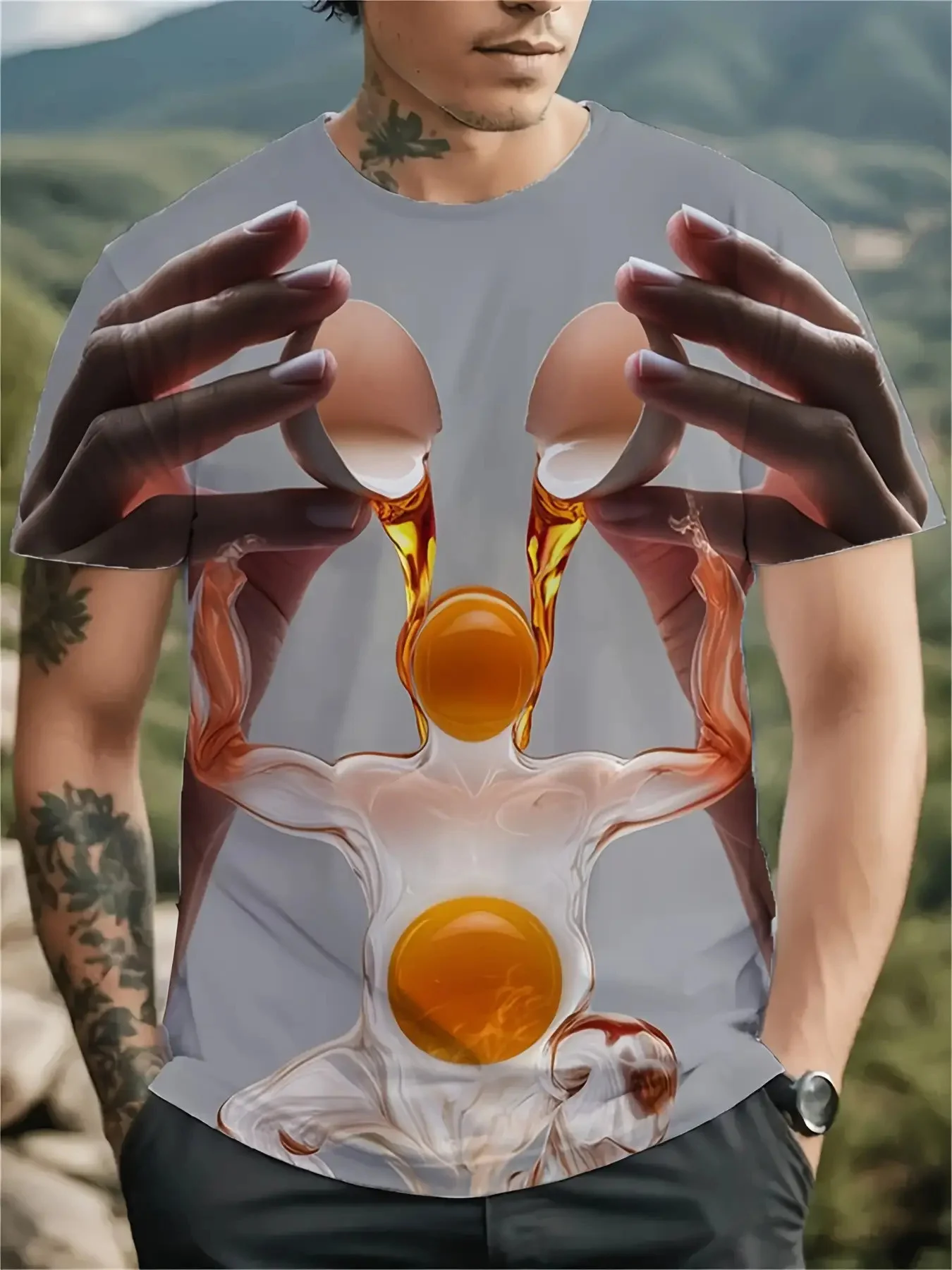 Men Short Sleeve Crew Neck T‑Shirt Surreal Egg Human Figure Hands 3D Optical‑Illusion Art Street Casual Tops