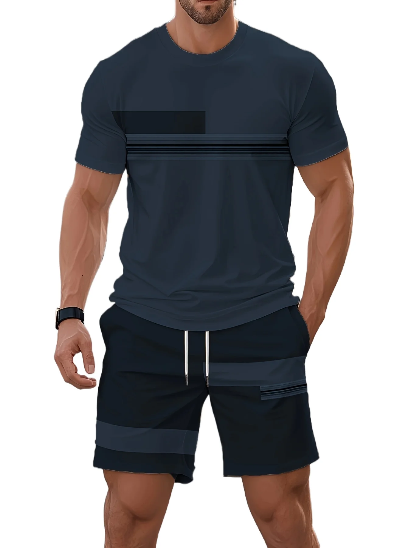 

2026 Summer New Arrival Men's Casual Two-Piece Set Striped Print Short-Sleeve Shirt and Athletic Shorts Set Men's Fitness Set