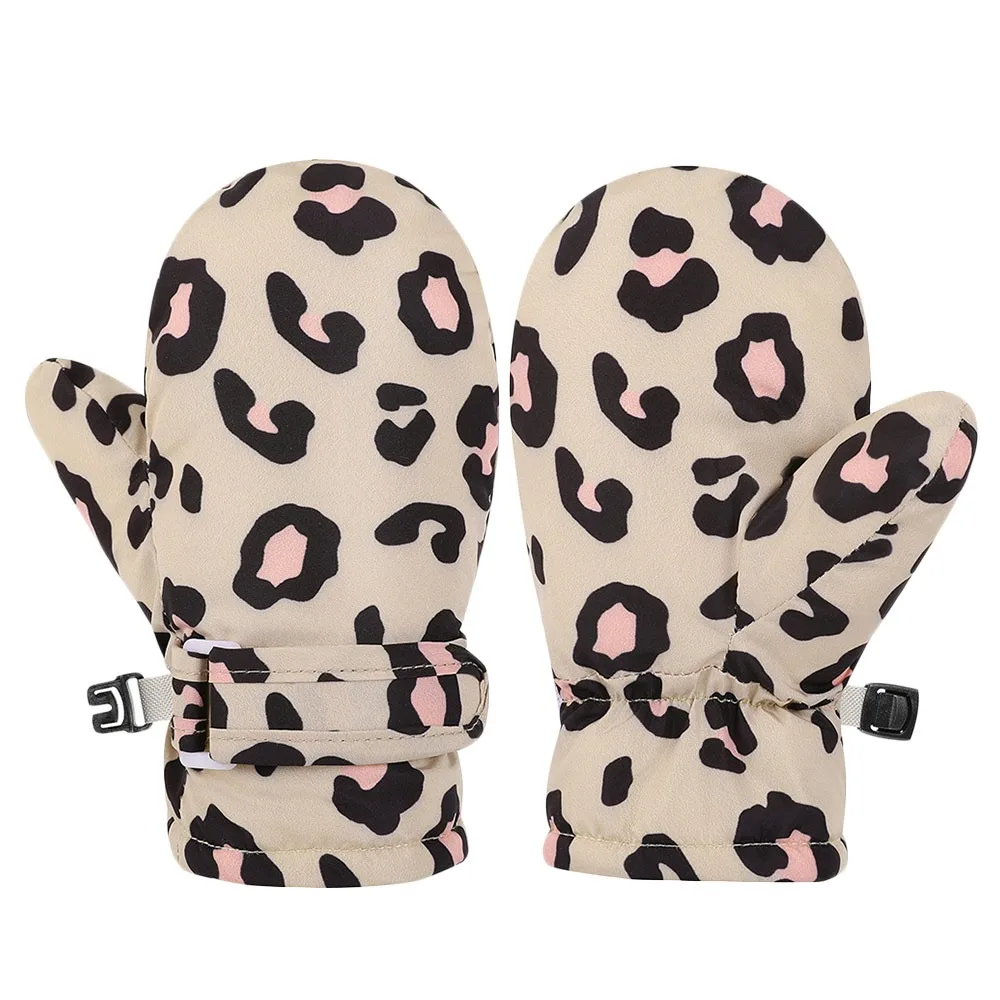 

Cute Waterproof Children Skiing Gloves Warm Leopard Print Cycling Gloves Windproof Mittens for Girls Boys