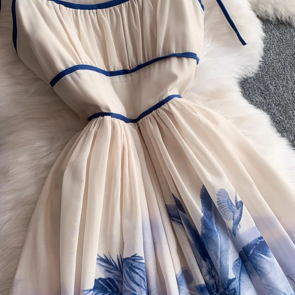 Robe élégante à imprimé Floral bleu pour femmes, à bretelles, sans manches, vêtements de fête de vacances, Streetwear, moulante, été