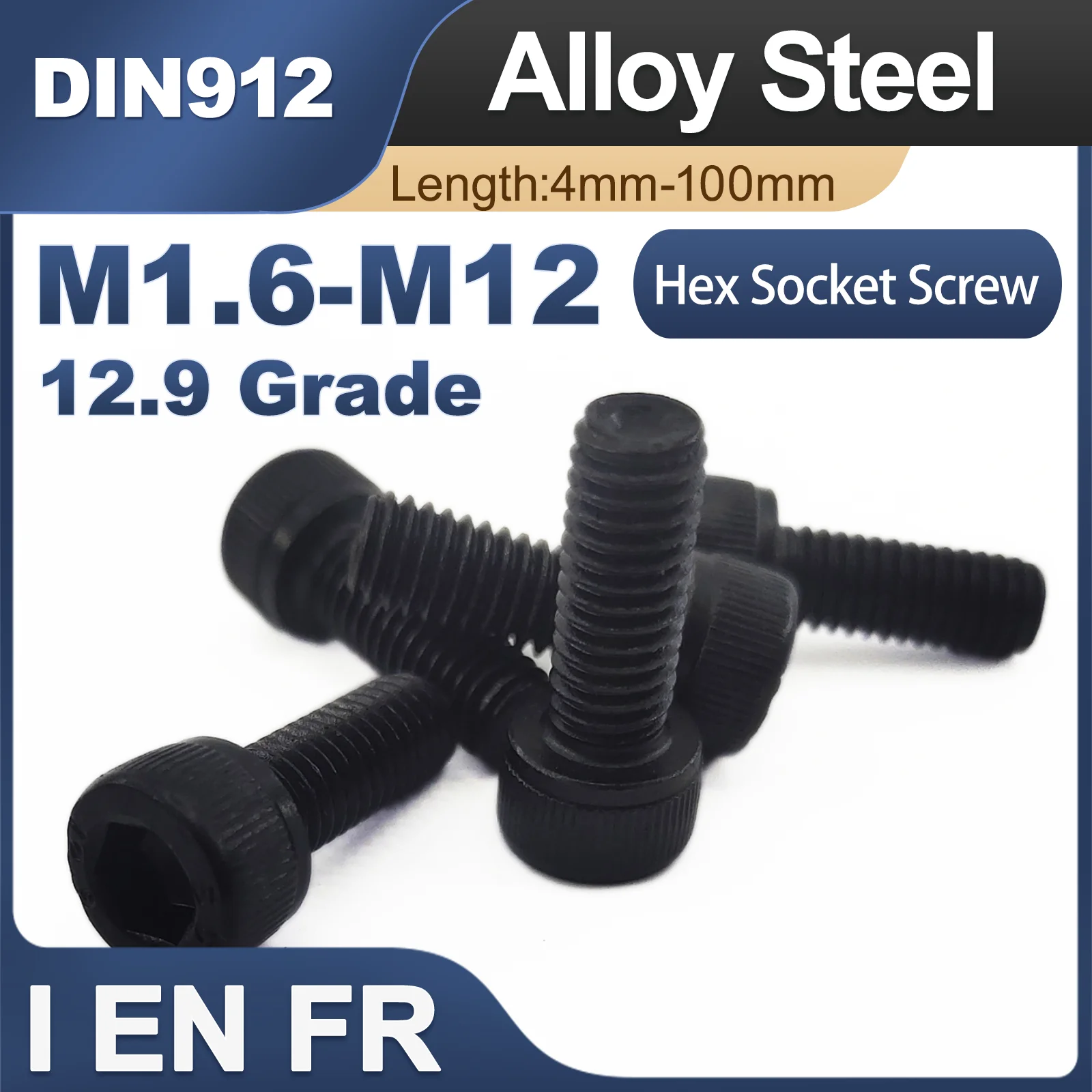 5/10/25/50pcs DIN912 M1.4 M1.6 M2 M2.5 M3 M4 M5 M6 M8 Black Grade 12.9 Alloy Steel Allen Hexagon Hex Socket Cap Head Screw Bolt
