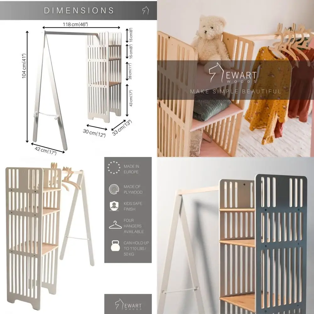

Ivory White Kids' Wooden Clothing Rack and Storage Wardrobe for Toddler Rooms