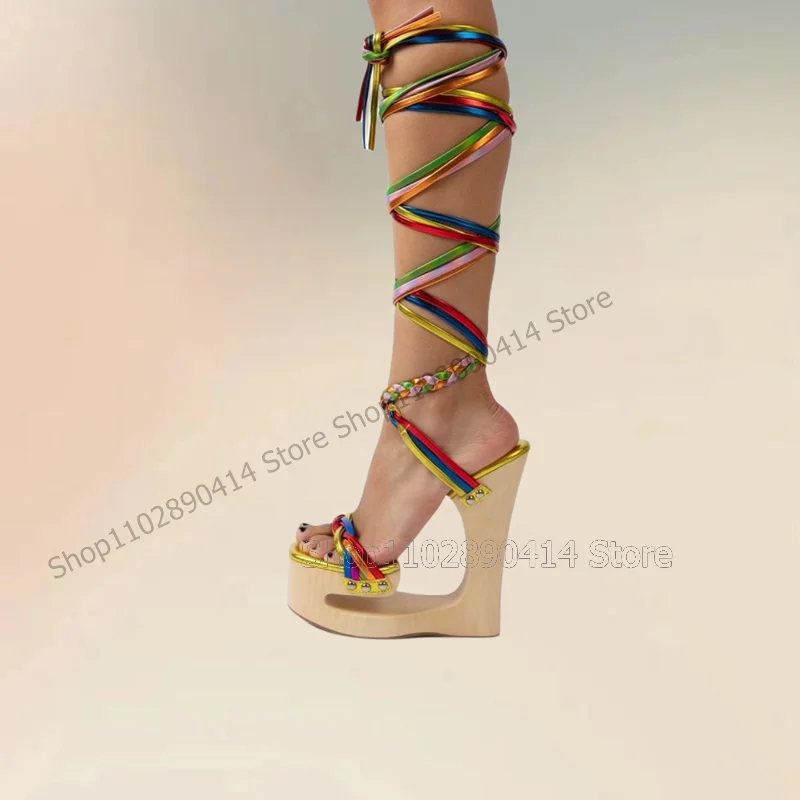 Colorful Strap Hollow Wooden Platform Twine Sandals Lace Up Women Shoes Strange Style Heels Novel Party 2024 Zapatos Para Mujere