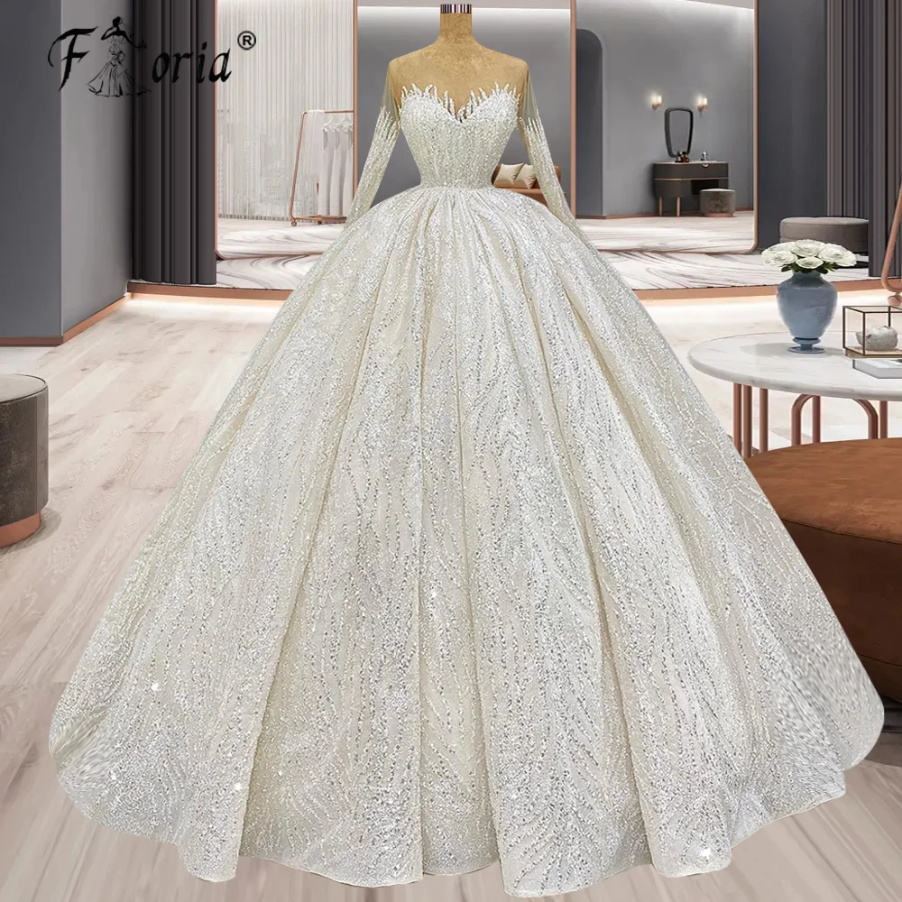 Gorgeous Women's Lace Sequin Wedding Dresses A Line Floor Length Bridal Dress Sheer Neck Dubai Muslim Vestido Noiva Court Train