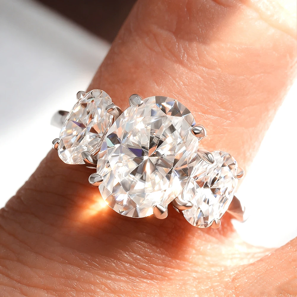 

HORRIPAL D VVS1 Three-Stone Oval Moissanite Engagement Ring with GRA Certificate 925 Sterling Silver Eternity Ring Fine Jewelry