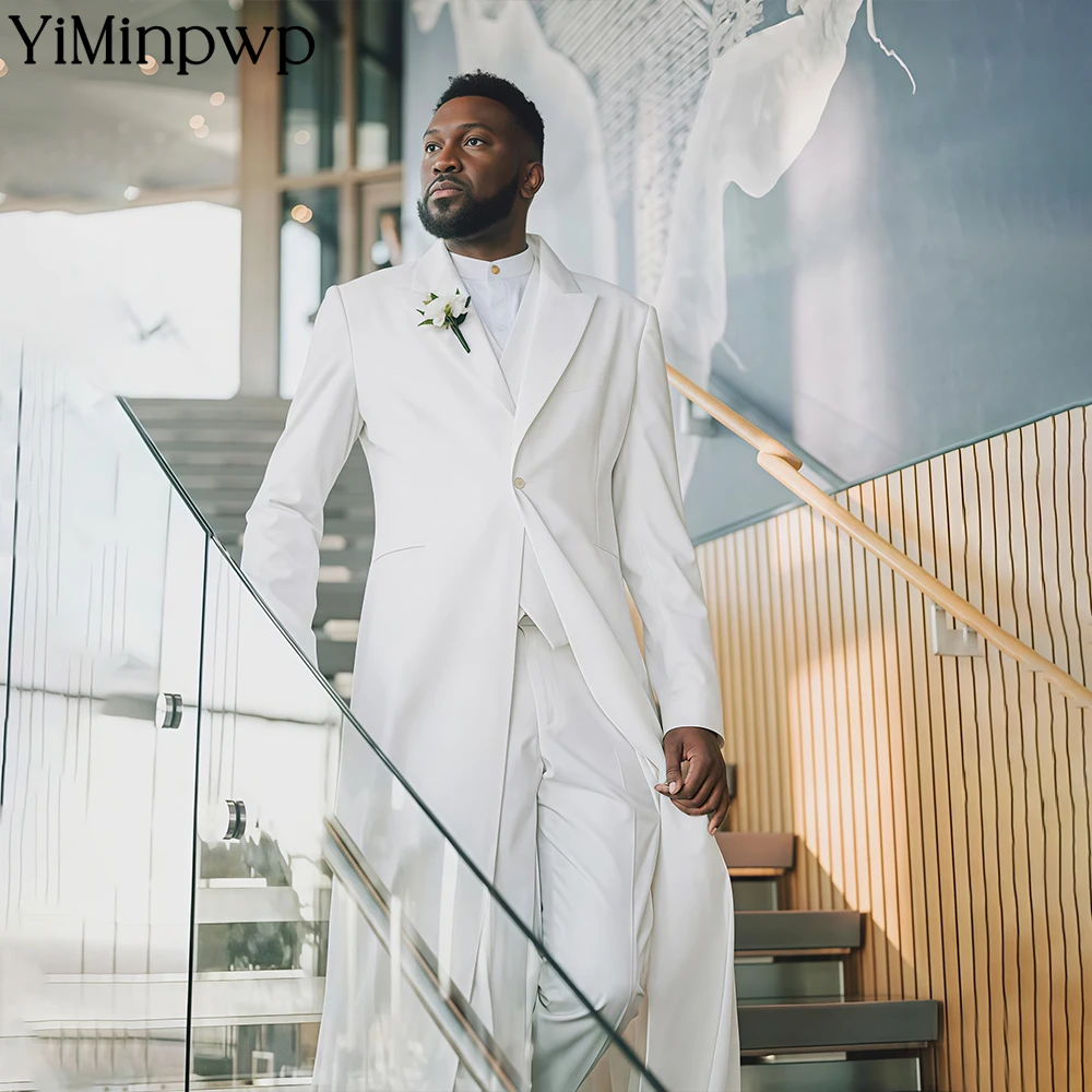 

White Classic Wedding Groom Men Suits 3 Piece Long Blazer Vest Pants Satin One Button Tuxedo Formal Work Wear Prom XS-5XL