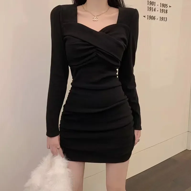 

Autumn Black Bodycon Dress For Women Vintage Casual Wrap Evening Party Dresses Korean Office Ladies Long Sleeve Mini Robe Y2k