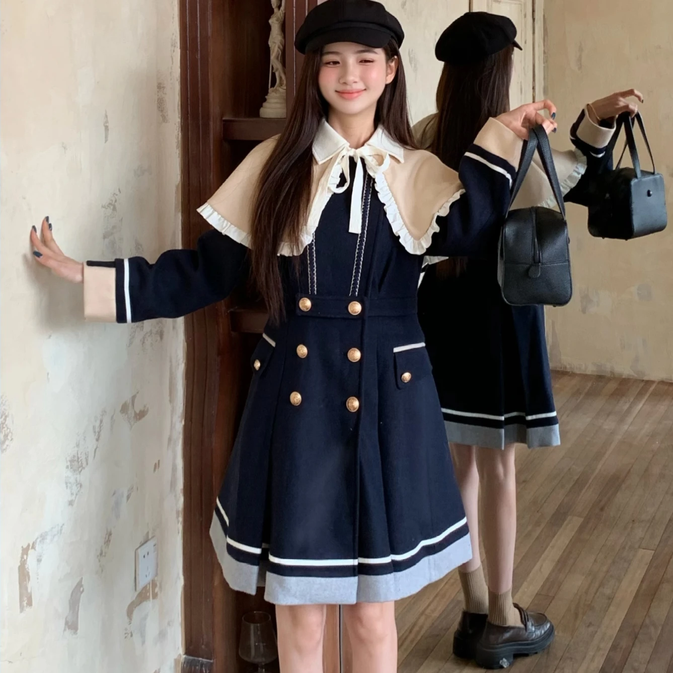 Japoński płaszcz wełniany w stylu college dla kobiet, średniej długości płaszcz wełniany na jesień i zimę, kurtki damskie.