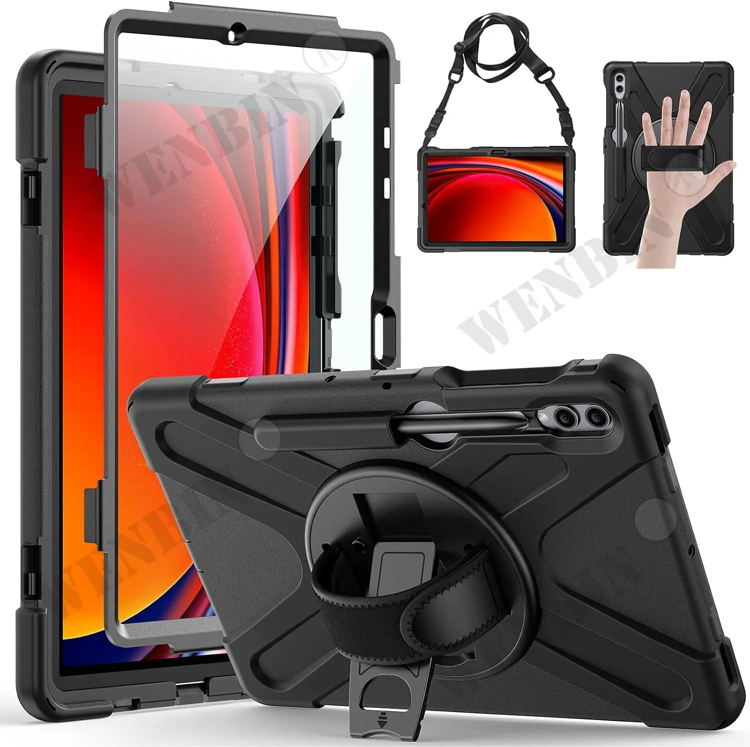 Case For Samsung Tab S10 Plus S9+ S8+ S7+ S7 FE 12.4 Tablet Heavy Duty Shockproof Protective Rotating Stand Hand Strap Holder