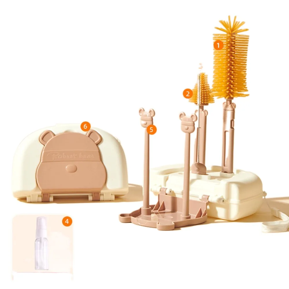 

Multifunctional Bottle Cleaning Brush Set Bear Lion Baby Bottle Brush Kit 8 in 1 Storage Drain Rack Glass Cup Washing Brush