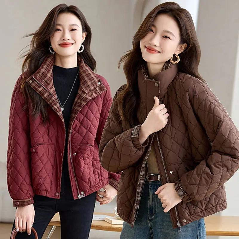 Women's Clothing Fashion Stand-up Collar Diamond Pattern Thin Cotton Coat Autumn Winter Loose Fit Warm Outerwear Cotton Coat