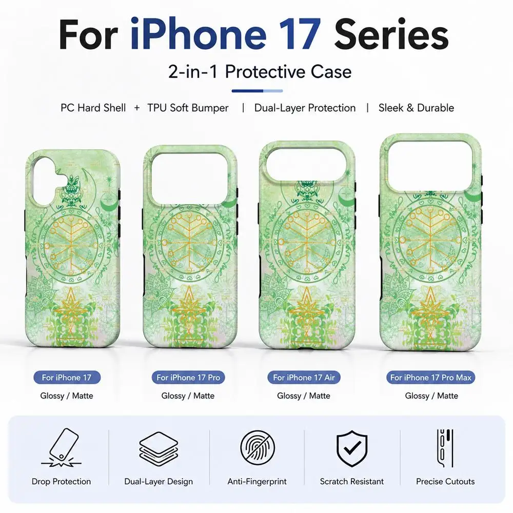Funda para Teléfono con Diseño de Árbol de la Vida en Acuarela Verde Claro, Geometría Sagrada, Material de Película 2 en 1, para iPhone 17, 17 Air, MAX, 16 Plus