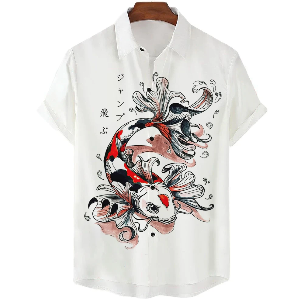 Camisa hawaiana para hombre, camisas con estampado 3D de peces Koi japoneses, Tops de playa callejera de moda de verano, ropa Unisex de gran tamaño