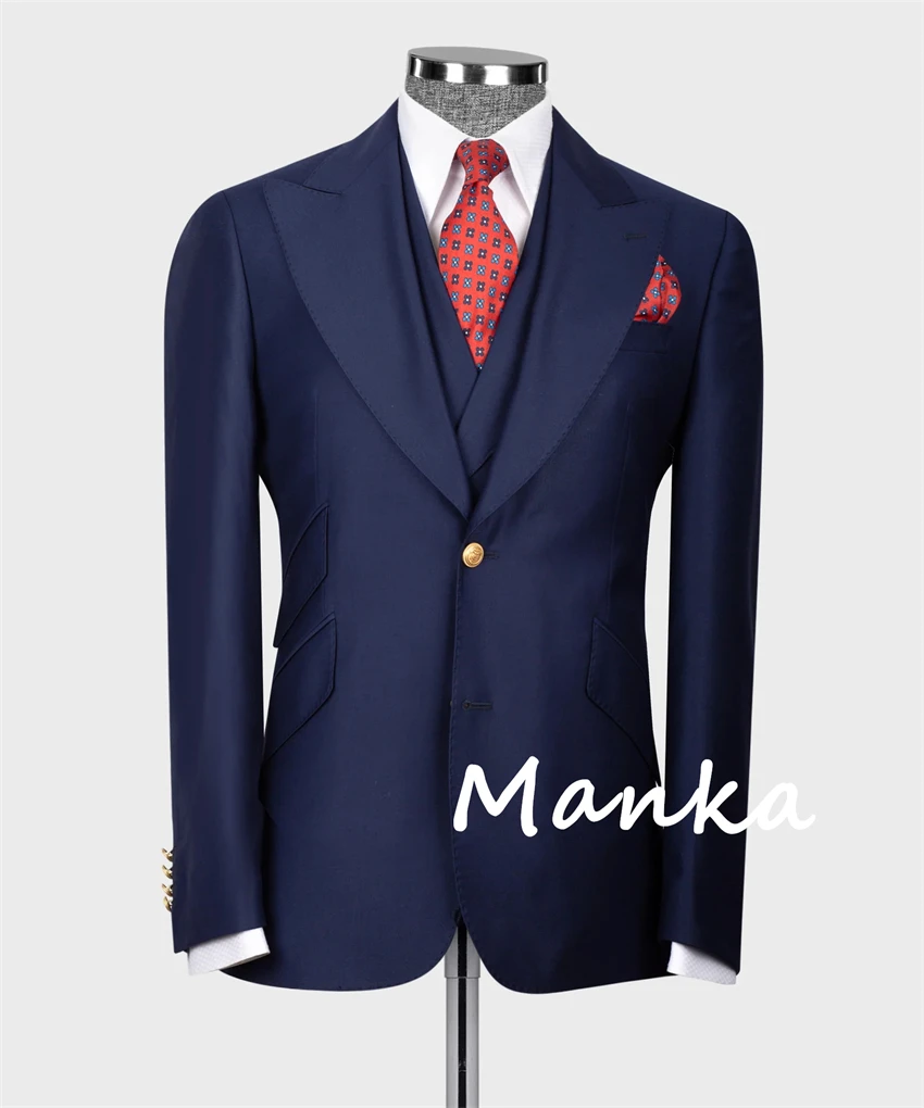 Peak Lapel Navy Blue Men's Suits for Wedding Groom Wear Slim Fit 3PCS Blazer Vest Pants Formal Business Office Male Suit