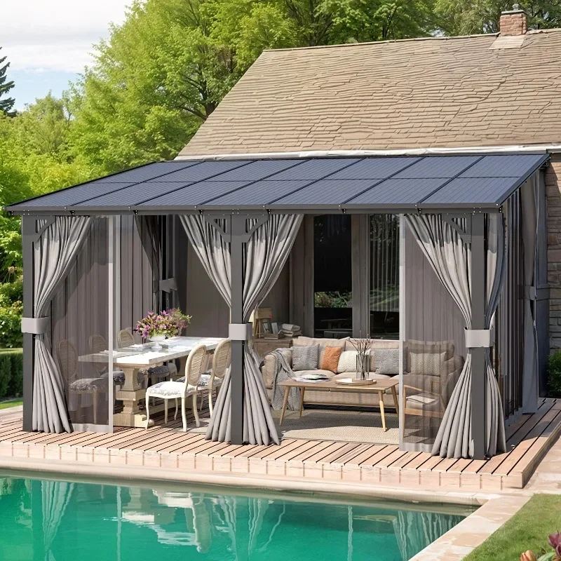 

AECOJOY 14' x 10' Gazebo for Patio, Hard Top Lean to Gazebo Pergola with Curtains and Mosquito Netting, Large Wall-Mounted Heavy