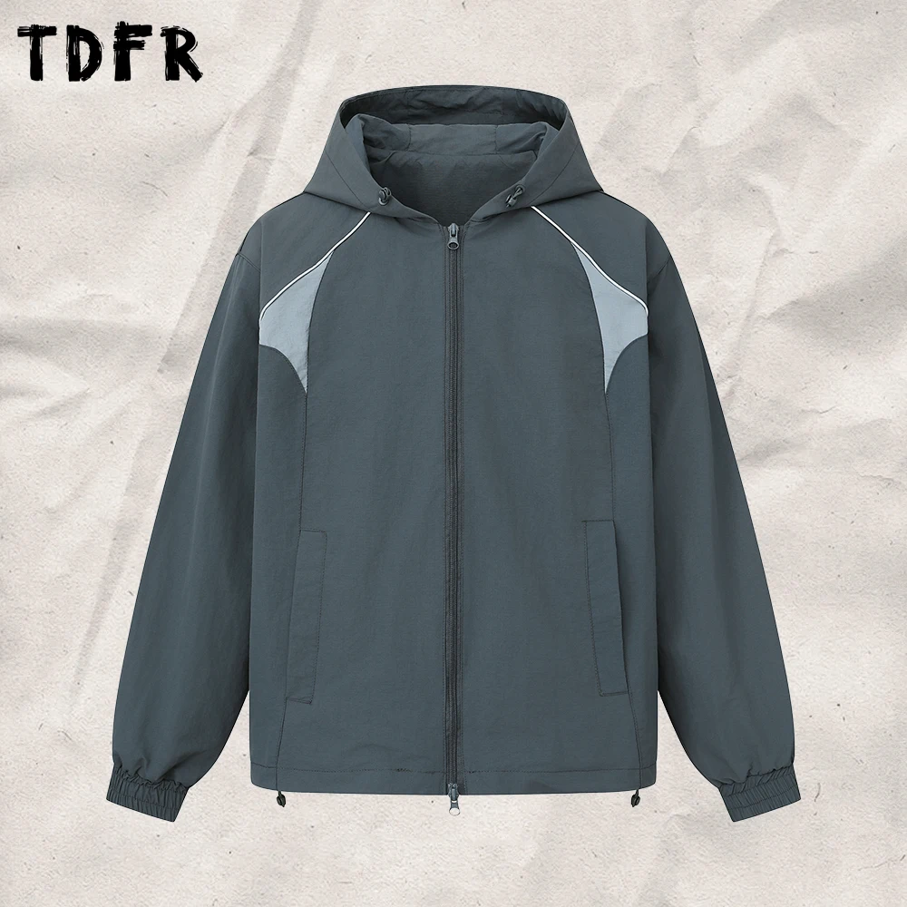 Contrast Paneled Hooded Jacket Mens Autumn Two-Way Zipper Casual Loose Long Sleeve Outerwear Man