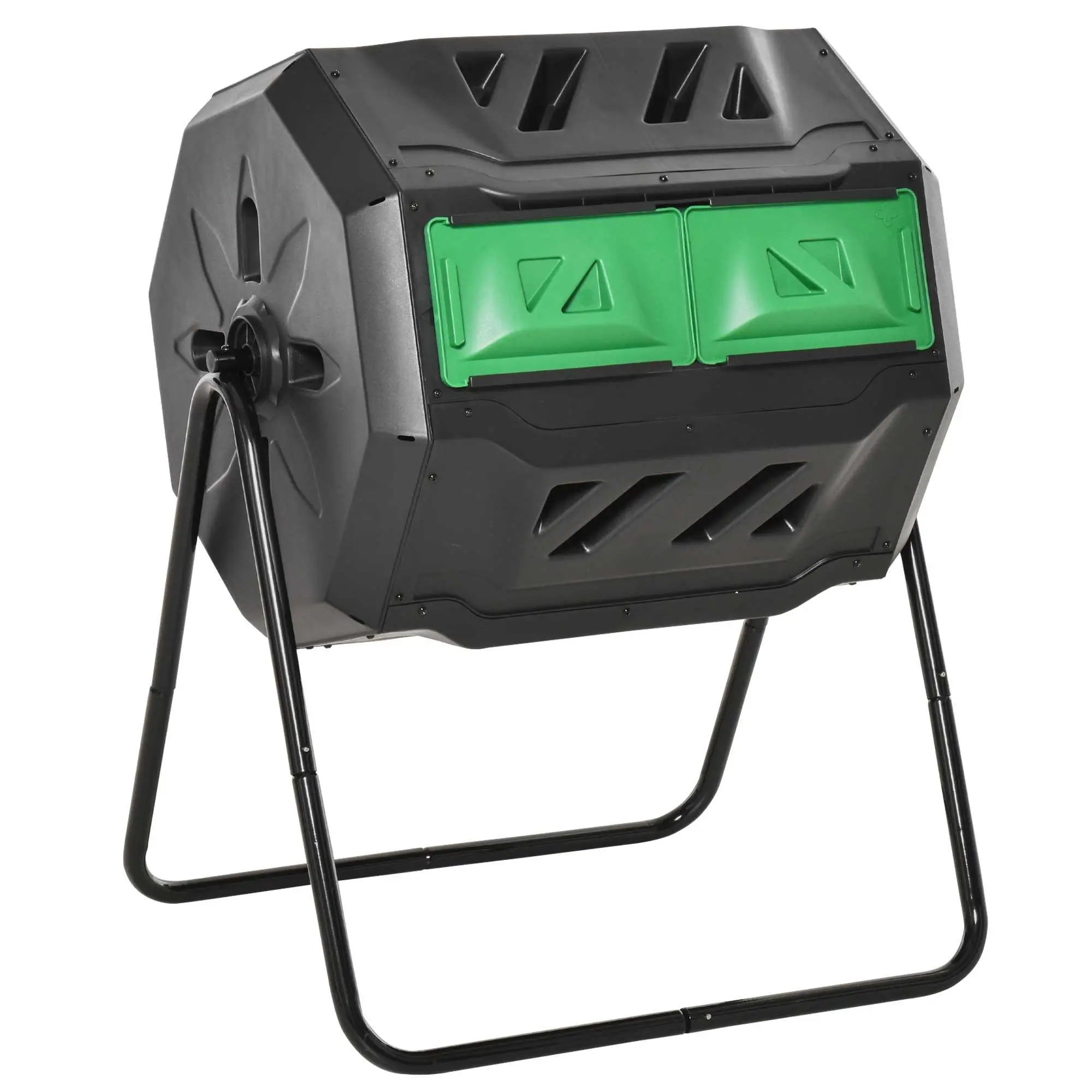 360 ° Contenedor de compostaje giratorio de 160L, 2 cámaras, PP, acero, ventilación, puertas correderas, para residuos de jardín