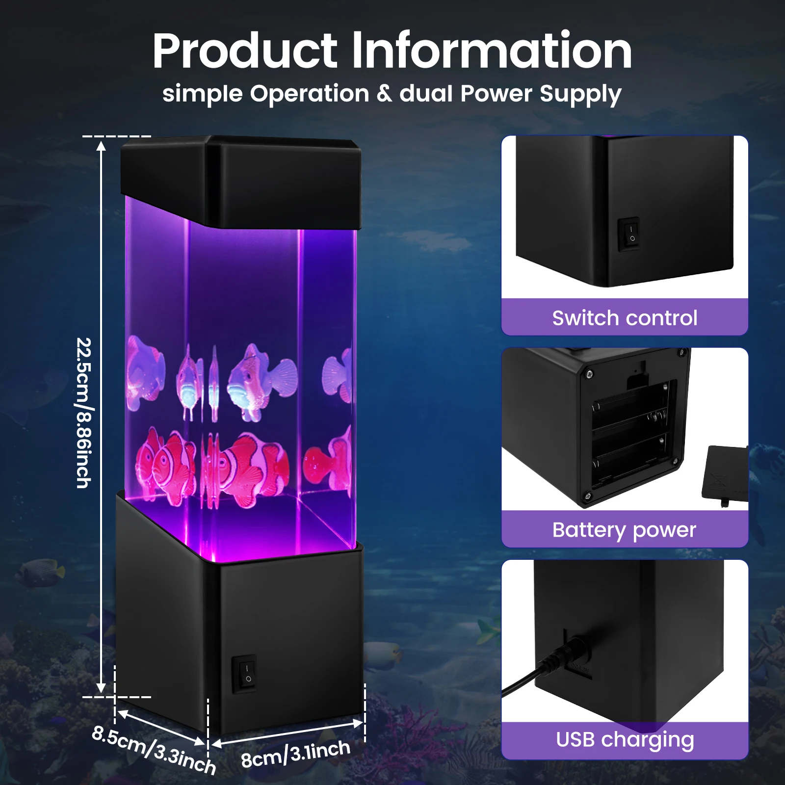 Fish Lava Lamp USB/Battery Operated LED Fish Night Light Auto Color Changing Simulated Fish Aquarium Night Light with 2Fake Fish