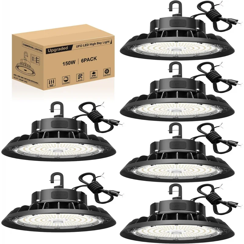 

UFO led High Bay Light 150W 6 pack, shop Bay Light 22.500lm 0-10v dimmable, 5' cable with US plug, hanging hook, safe rope