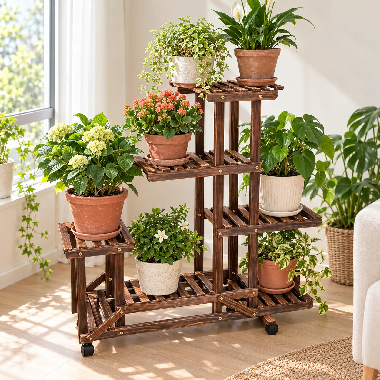 6 Tier Pine Wood Plant Stand Indoor with Wheels, Mid-Century Modern Rustic Plant Table Indoor,Outdoor Stand for Corner, Living Room, Balcony, Dark Brown