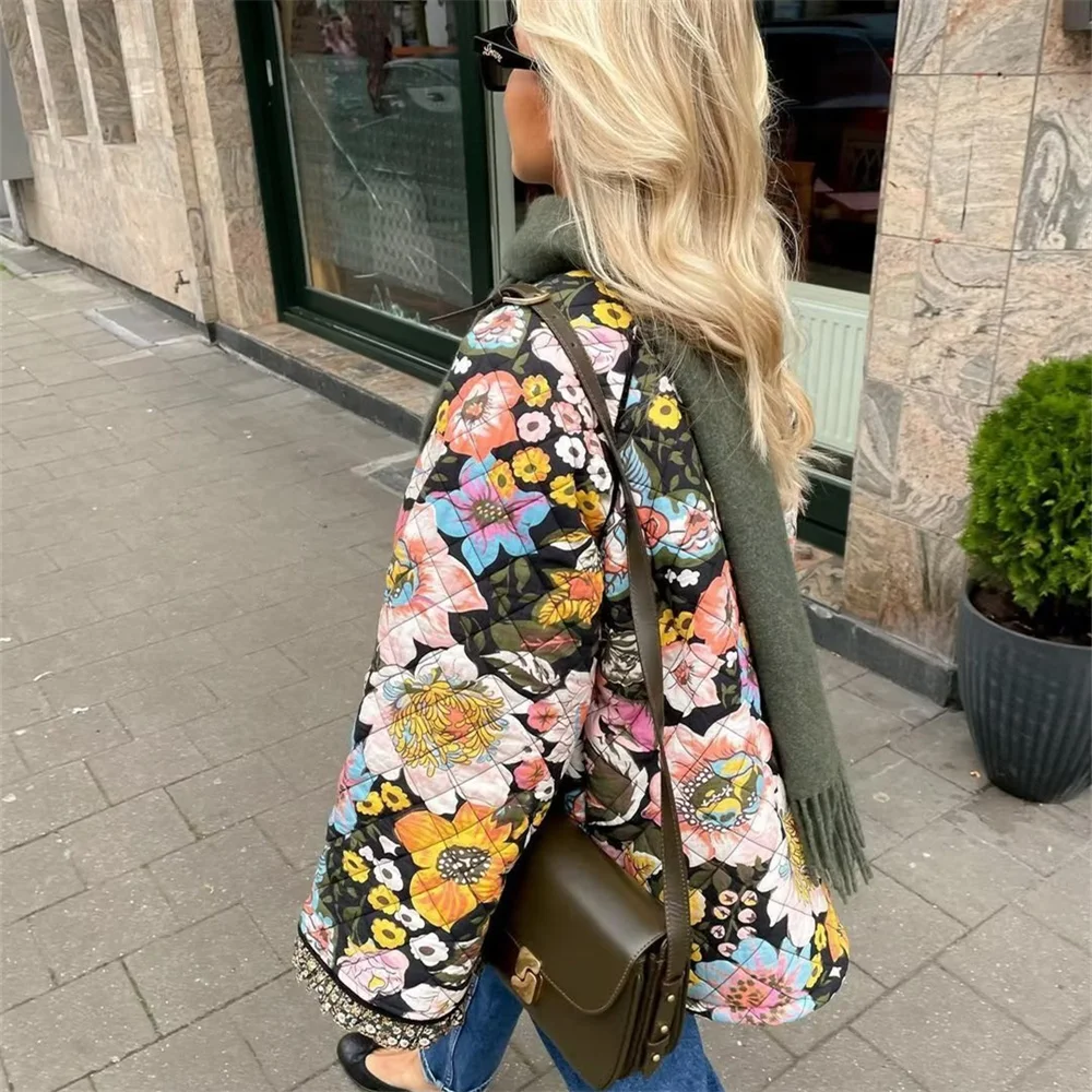 2023 Fashion Autumn and Winter Elegant and Warm Cotton Jacket Thick Long Arm Inspirational Flower Women\'s Long Arm Cotton Coat