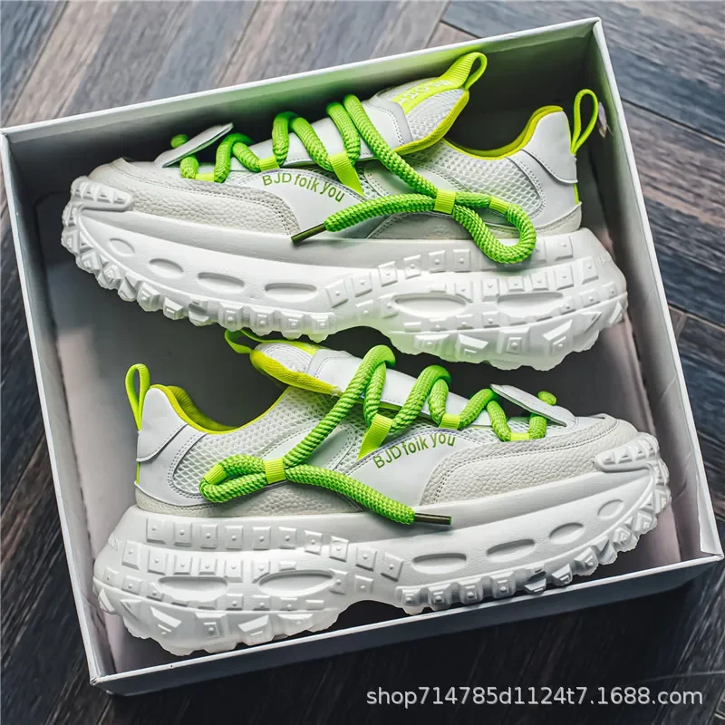 

Sports men's designer tire sole fashion casual ultra-thin leather fabric height increasing thick soled shoes