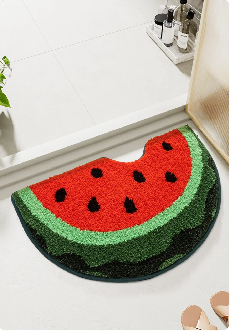 Inyahome Watermelon Bath Mat for Bathroom Cute Fruit Half Round Shaped Bathroom Rug and Mats Non Slip Shower Rug Doorway Kitchen