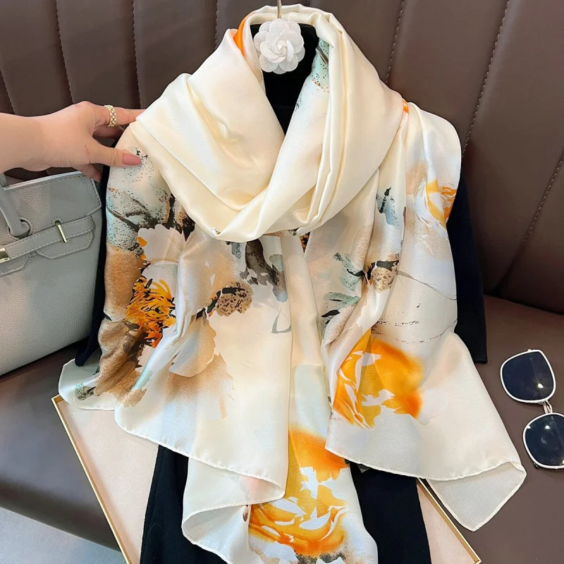 

High-Grade Sunscreen Lengthened Printing Imitated Scarves Women's Long Silk Scarf Beach Towel