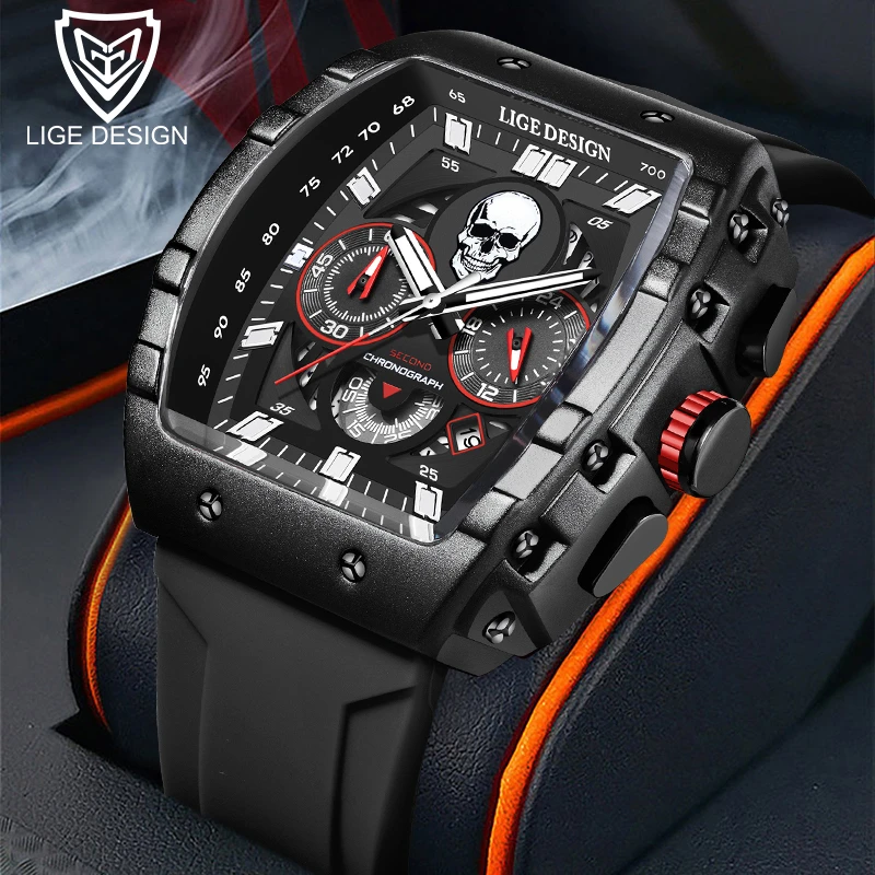 LIGE Fashion Silicone Men\'s Watches Skeleton Skull Big Dial Military Watch Men Chronograph Quartz Wrist Watch for Men Date Clock