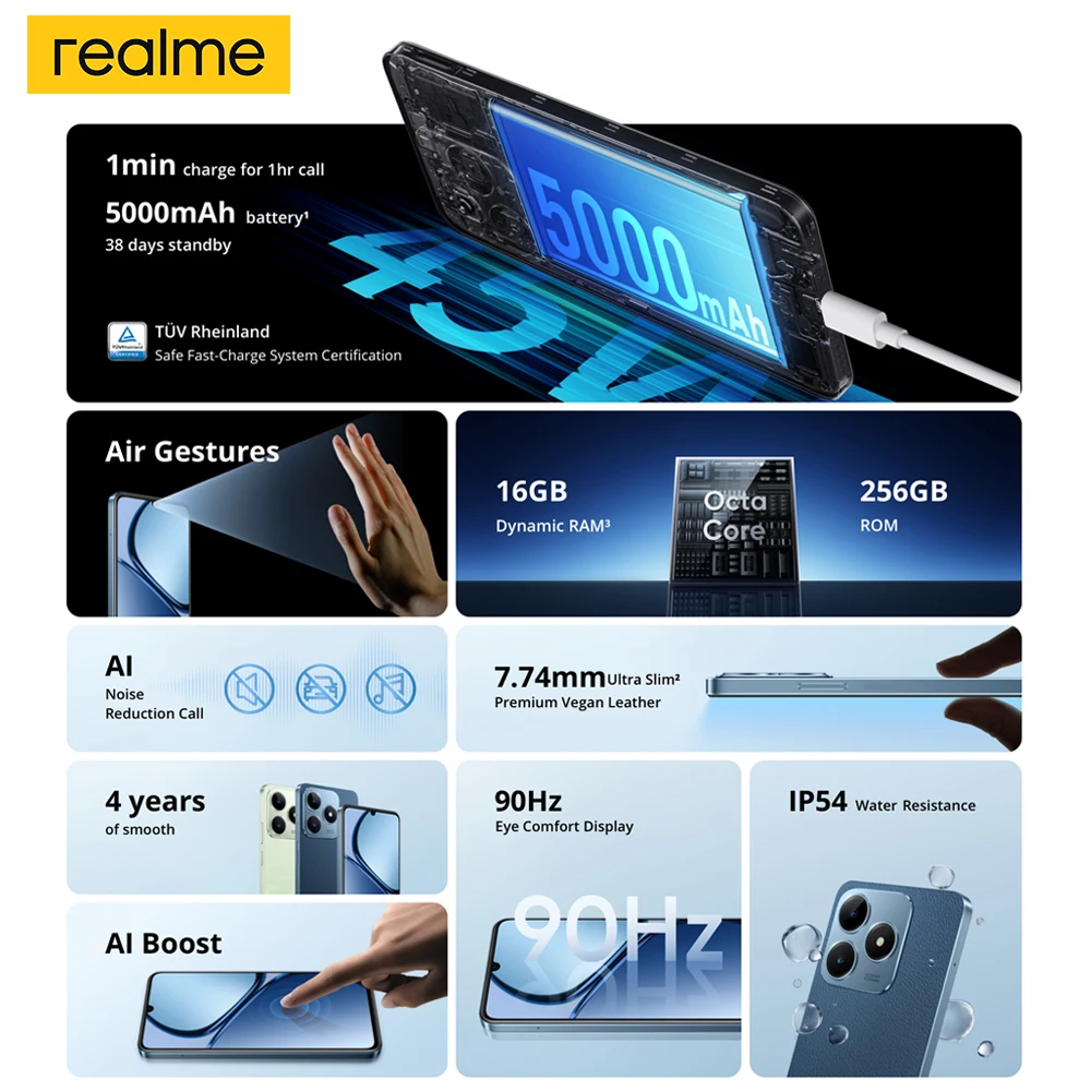 Versione globale realme C63 Smartphone 50MP AI Camera 45W SUPERVOOC carica 5000mAh batteria 90Hz Display AI riduzione del rumore IP54