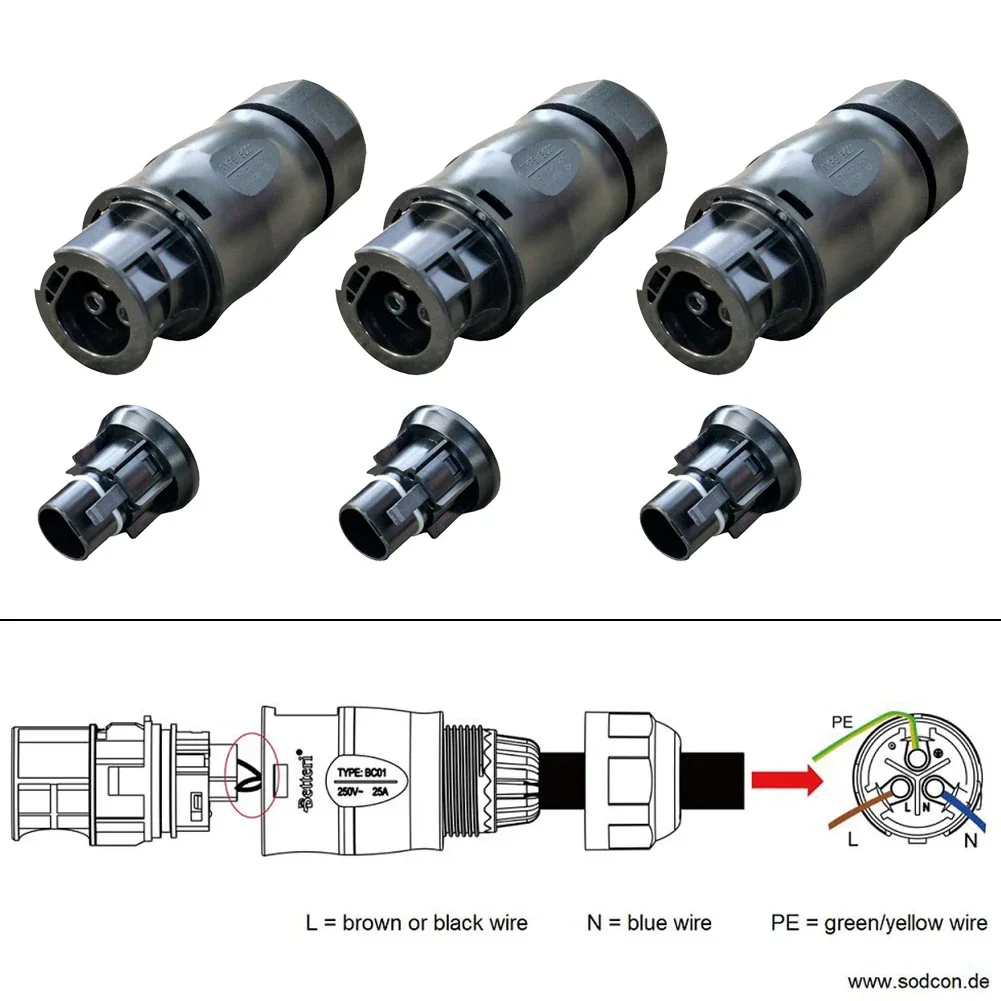 Waterproof 3-Pole Female End Cap Connector for Betteri BC01 Suitable for For hoymiles Single Phase Inverter Rated Current 25A