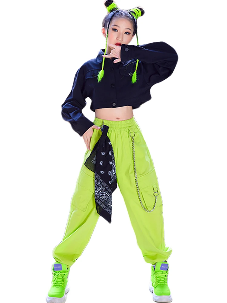 Nieuwe Moderne Jazz Dans Kostuum Voor Meisjes Zwarte Jas Groene Broek Hip Hop Prestaties Pak Kids Kpop Outfit Concert Kleding BL9657