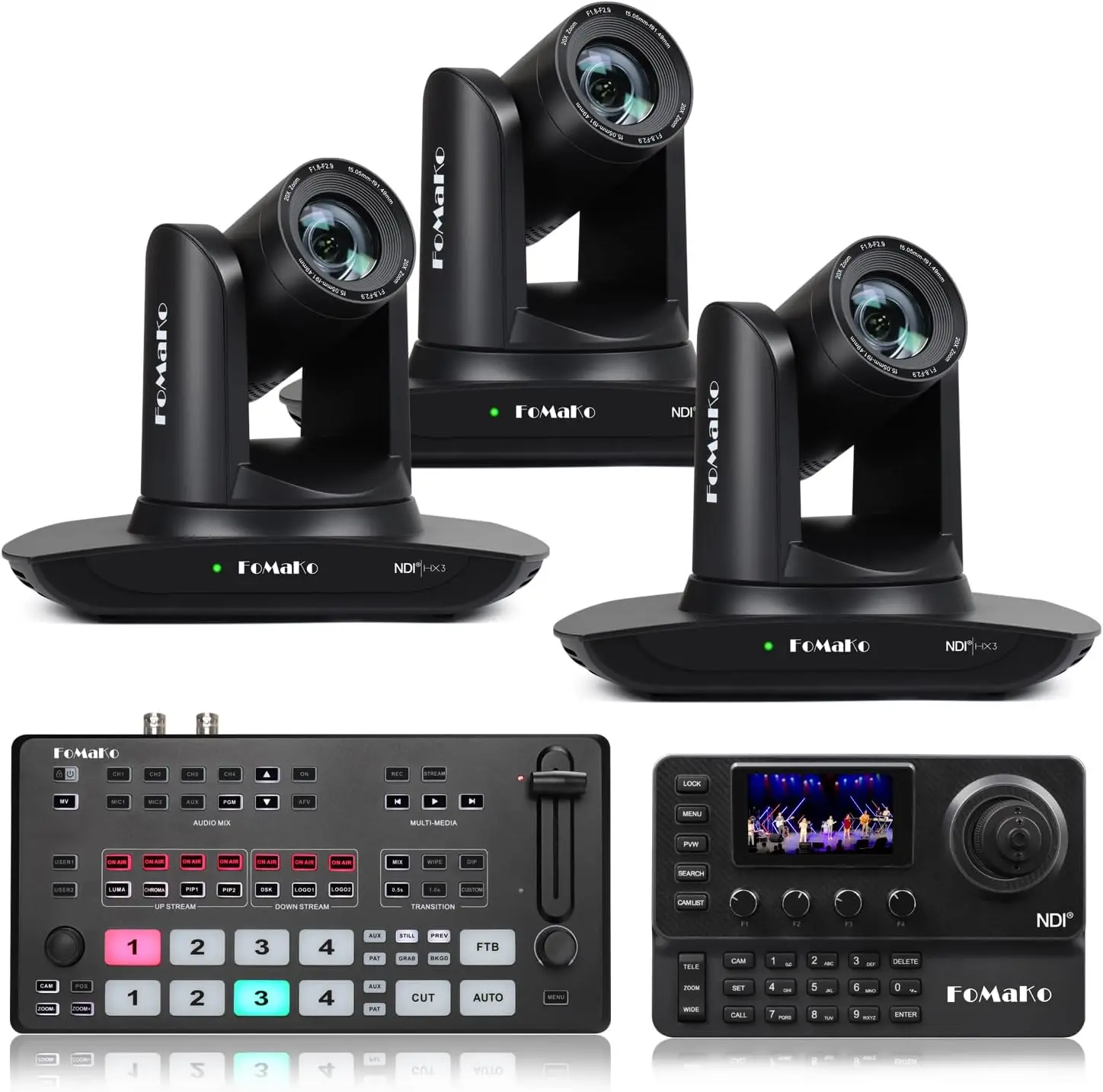 

FoMaKo AI автоматическое отслеживание NDI PTZ-камера 20-кратный оптический зум (3 шт.), PTZ-контроллер KC606N, переключатель видеомикшера M2 для церковного поклонения