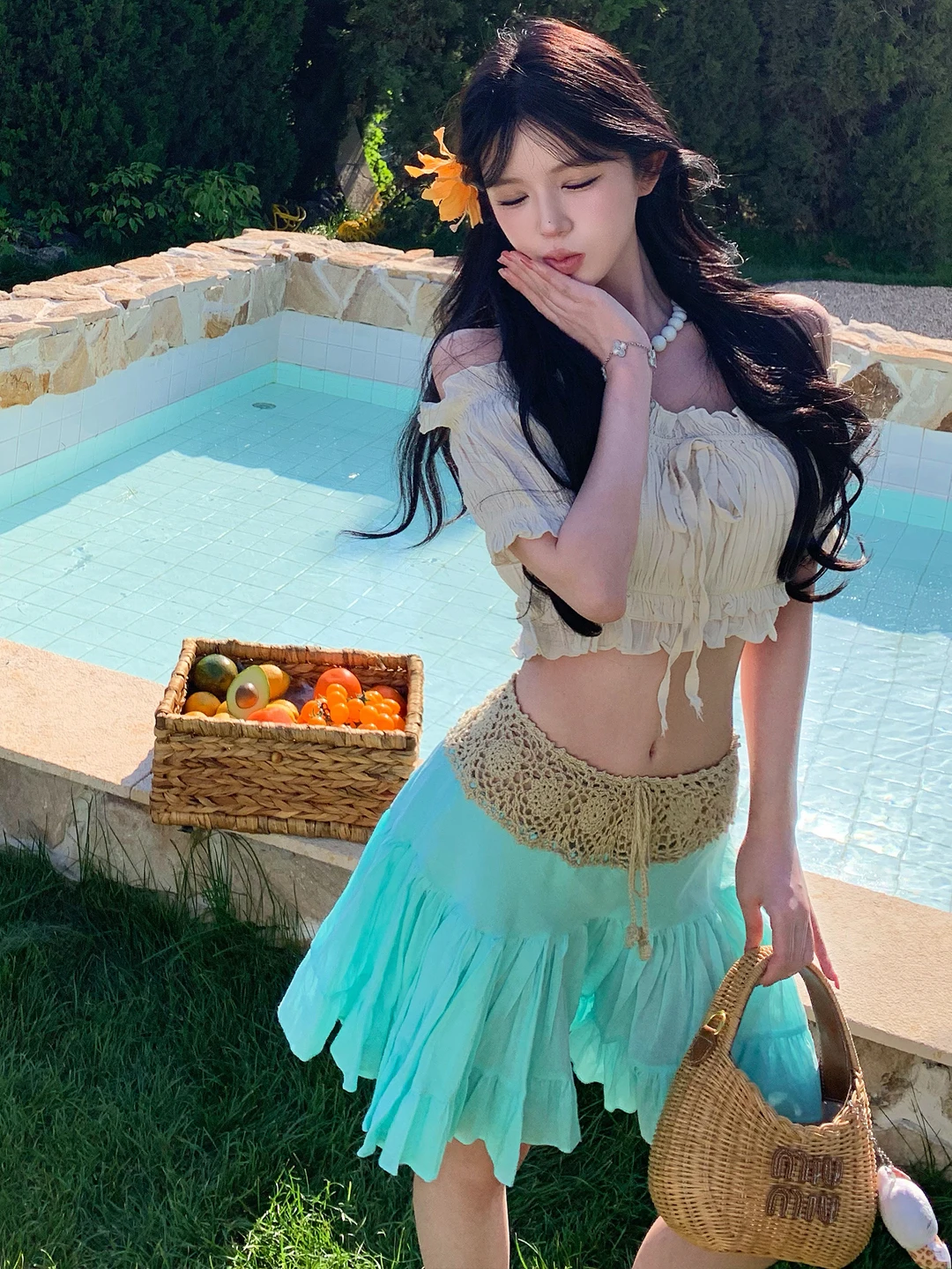Sweet Retro Drawstring Pleated Short Top Waist Exposure Hollow out Splicing  Skirt Two Piece Set for Young Women Summer F...