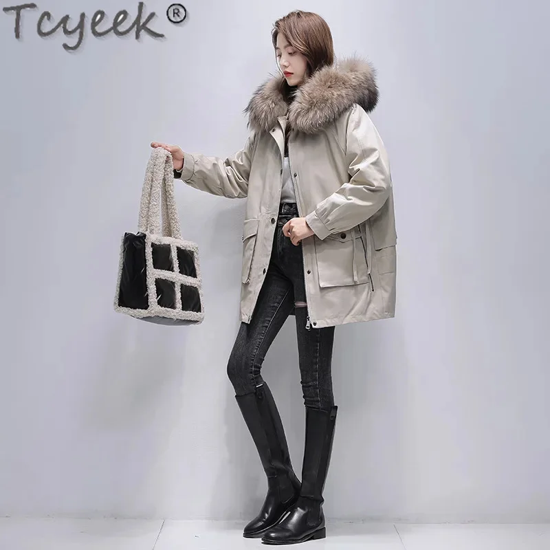 Tcyeek-Parka mi-longue pour femme avec col en fourrure de raton laveur, veste coréenne amovible, doublure de lapin Rex, vêtements chauds pour l'hiver, 23