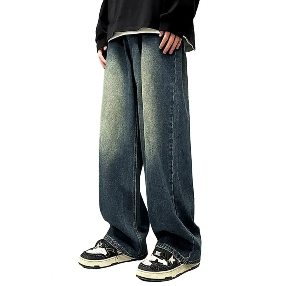 

Straight-leg Washed Blue Jeans Retro Hip Hop Men's Denim Trousers Gradient Contrast Wide Leg Loose Fit with Pockets Button-zip