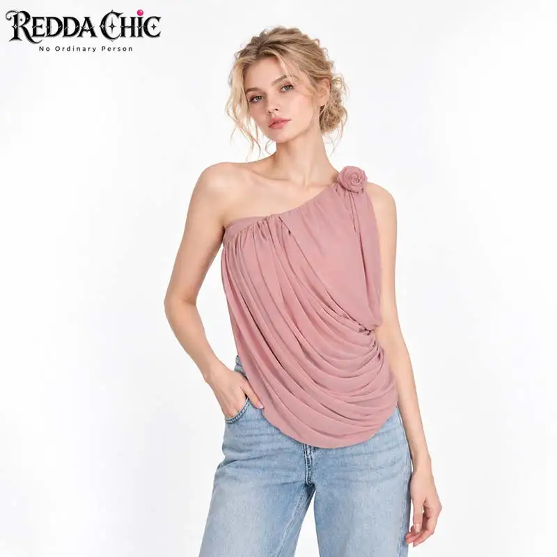 REDDACHiC Ruched Asymmetrical Top for Women Causal Rose Applique Chiffon Sleeveless Draped Crop Tank Top Summer Everyday Wear