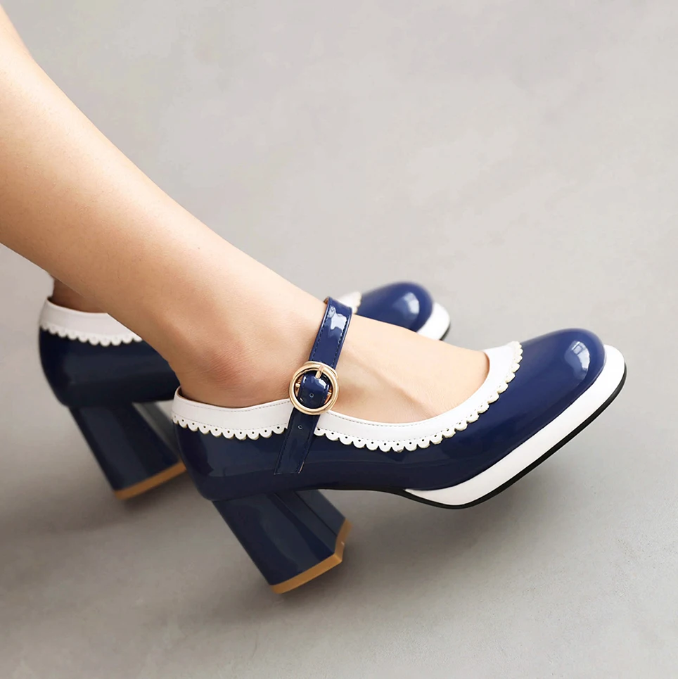 Women Mixed Colors Mary Jane Shoes Lolita High Heels Wedding Pumps Female Thick Heels Shoes Bridal Princess Footwear Plus Size