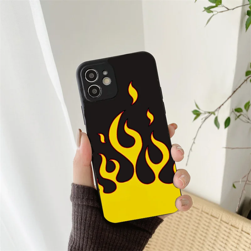 Yellow Fire Silicone Phone Case for iPhone 14 13 12 11 15 Pro Max Mini Shockproof Cover X XS XR 7 8 14 15 Plus SE 2022 Cover