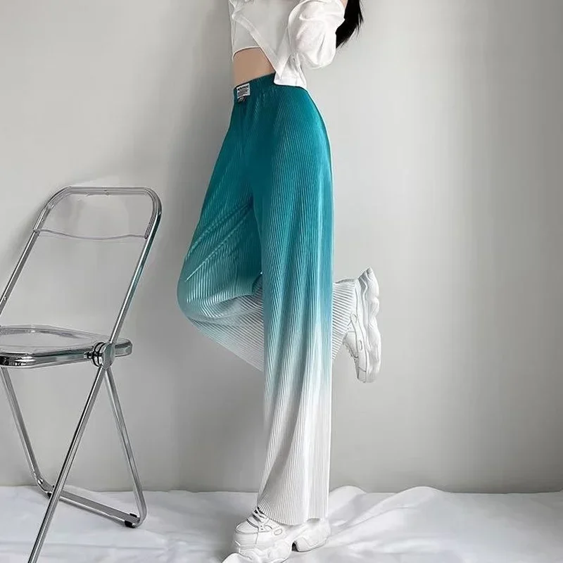 Black Straight Leg Women\'s Pants Elastic Waist High Gradient Clothing Blue Trousers for Woman Long Korean Fashion Autumn Nylon G