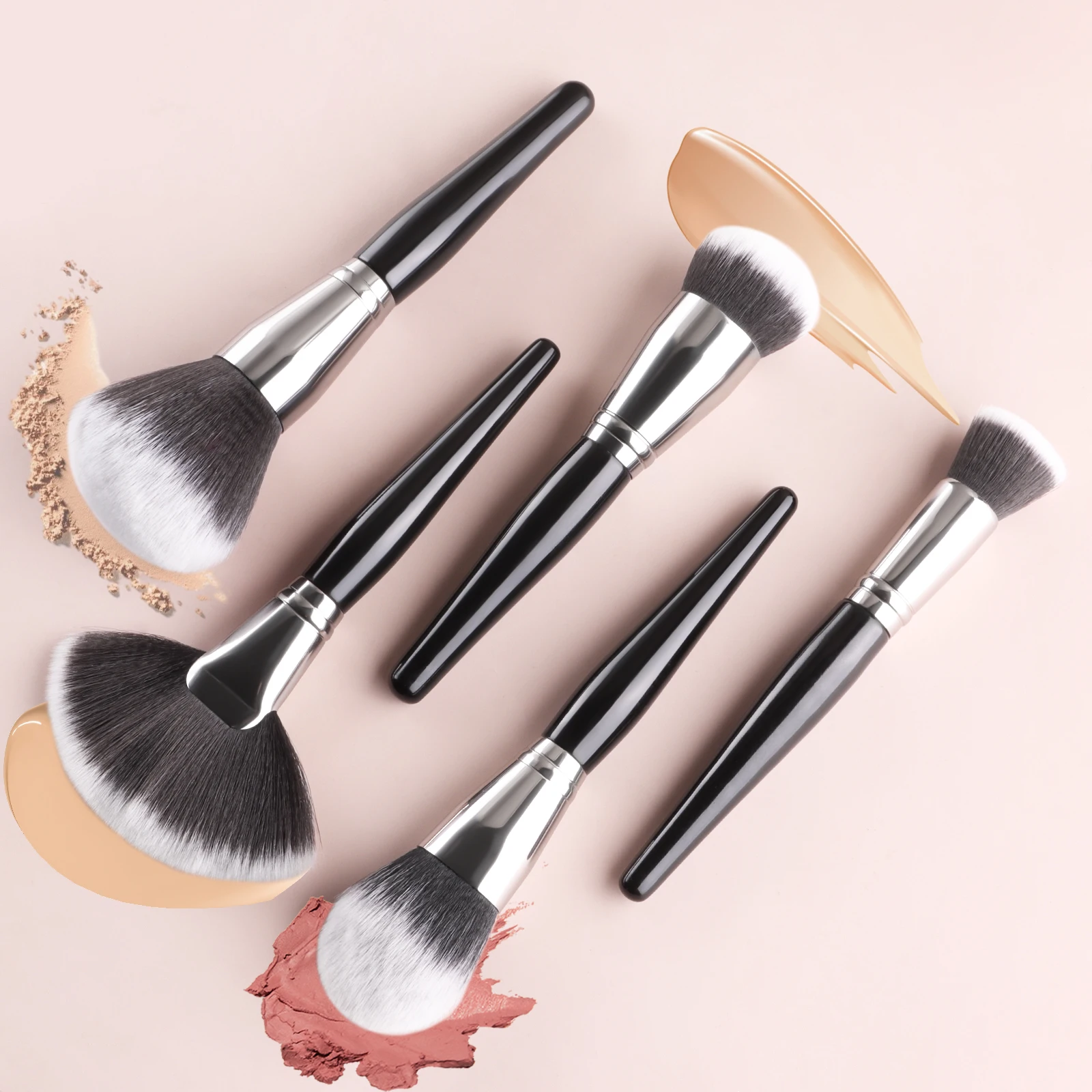 Black Handle 5Pcs Face Makeup Brush Set, Powder Blush Highlight Contour Brushes, Starter Cosmetic Tools