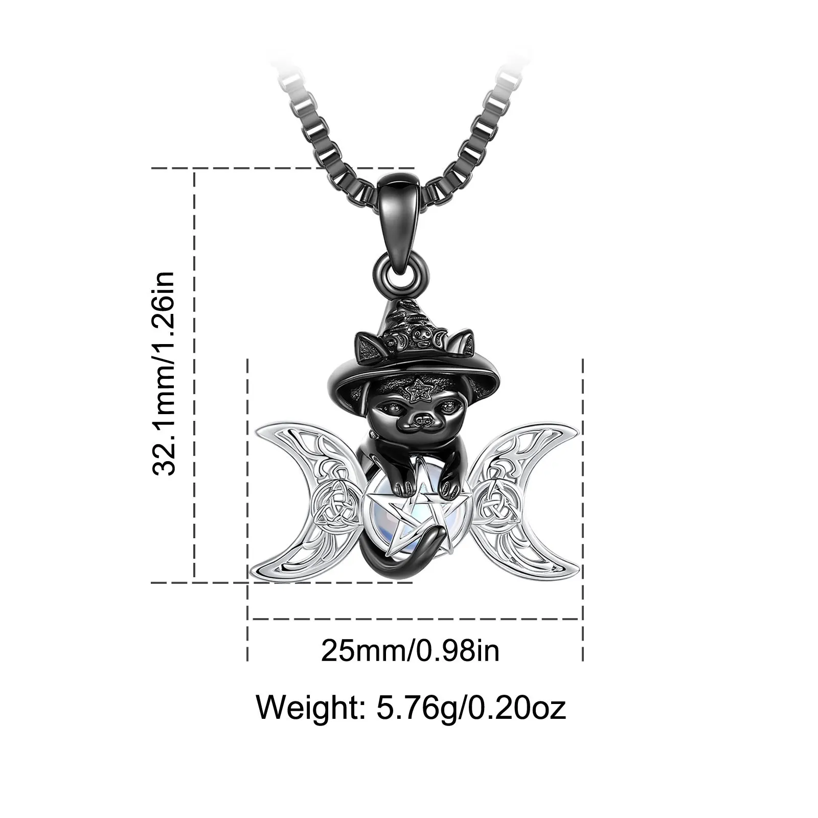 AEONSLOVE 925 Sterling Silver Black Cat Triple Moon Goddess Necklace Moonstone Pentagram Pendant Witch Pagan Jewelry for Women