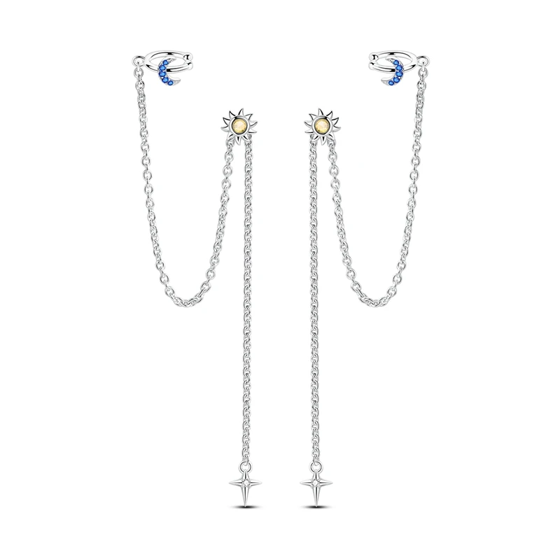 

925 Sterling Silver Sparking Sun Moon Ear Clip Tassel Stud Earring For Anniversary Wedding Jewelry Gifts