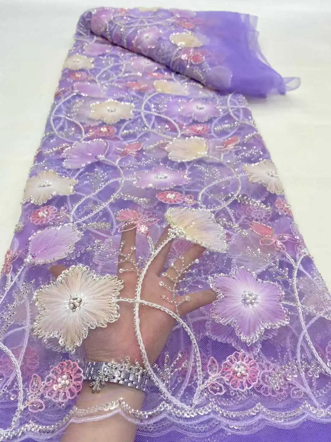 

African Mesh Lace Fabric Nigerian Beads Lace Fabric Sequin 2025 High Quality French Nigeria Lace Dresses for Women Party Wedding